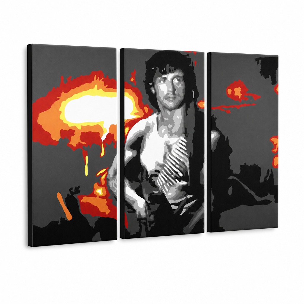 Kézzel festett POP Art festmény Rambo 3 darabos ram – 3D látvány a kézzel festett vászonról fehér háttéren. Domináns színek: fekete, narancssárga, fehér, piros, szürke.