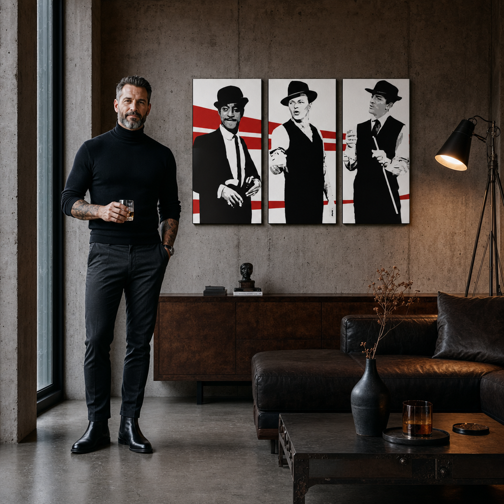Kézzel festett POP Art festmény Rat Pack 3 darab rp – kép modern férfi belső térben, lifestyle vizualizáció. Domináns színek: fekete, fehér, piros.