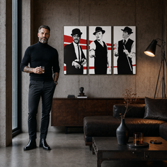 Kézzel festett POP Art festmény Rat Pack 3 darab rp – kép modern férfi belső térben, lifestyle vizualizáció. Domináns színek: fekete, fehér, piros.