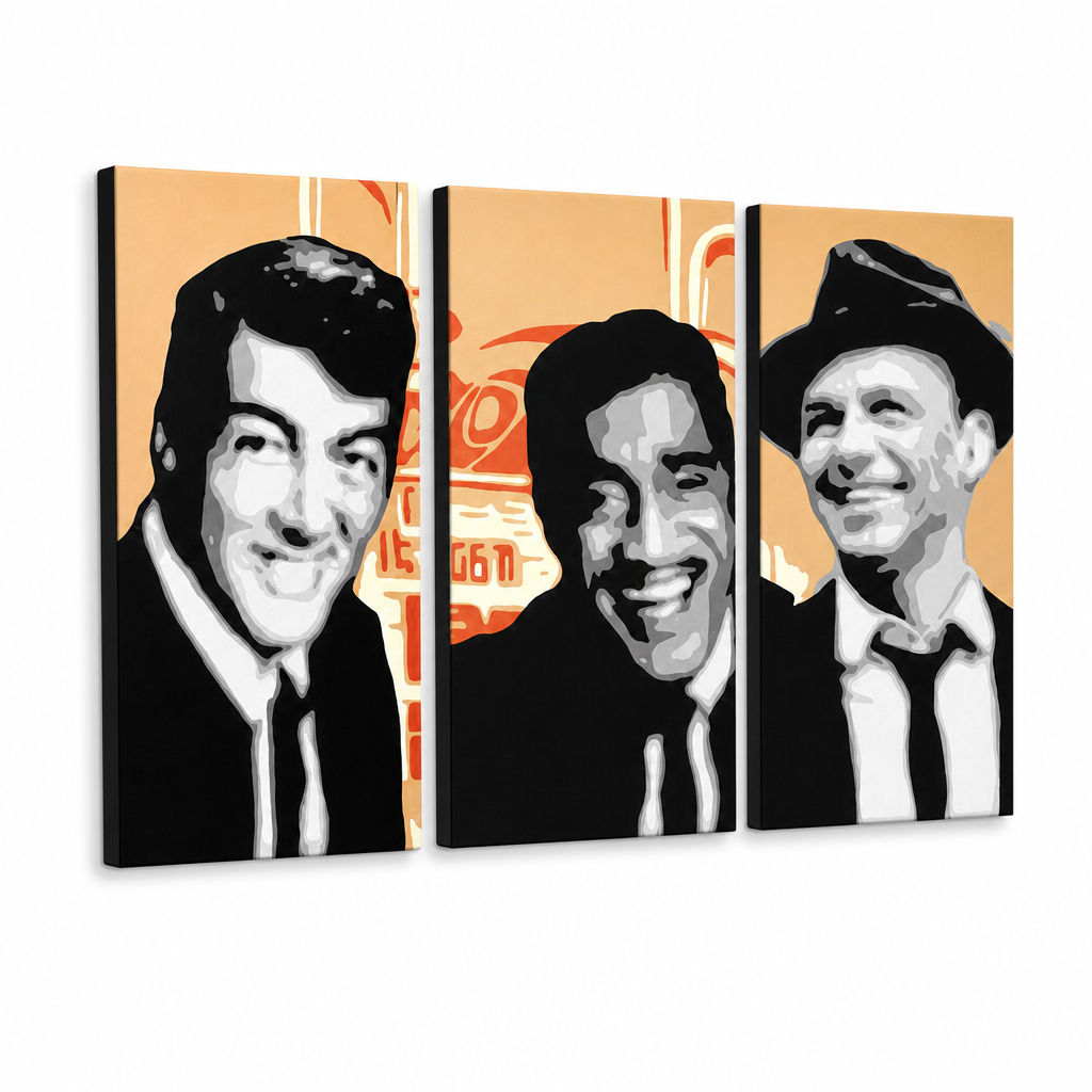 Kézzel festett POP Art festmény Rat Pack 3 darab rp3 – 3D látvány a kézzel festett vászonról fehér háttéren. Domináns színek: fekete, fehér, narancssárga.