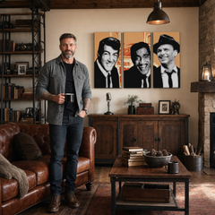 Kézzel festett POP Art festmény Rat Pack 3 darab rp3 – kép modern férfi belső térben, lifestyle vizualizáció. Domináns színek: fekete, fehér, narancssárga.