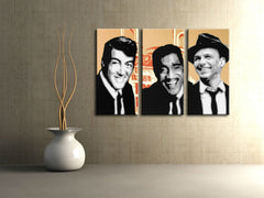 Pop art vászonkép motívummal: Rat Pack, természet fehér-piros árnyalatokban felakasztva az enteriőrben nappali számára, nosztalgikus hangulat, zenei történelem – enteriőr, nézet 2