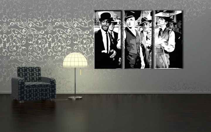 Pop art vászonkép motívummal: Rat Pack, természet fehér-piros árnyalatokban felakasztva az enteriőrben nappali számára, nosztalgikus hangulat, zenei történelem – enteriőr, nézet 3