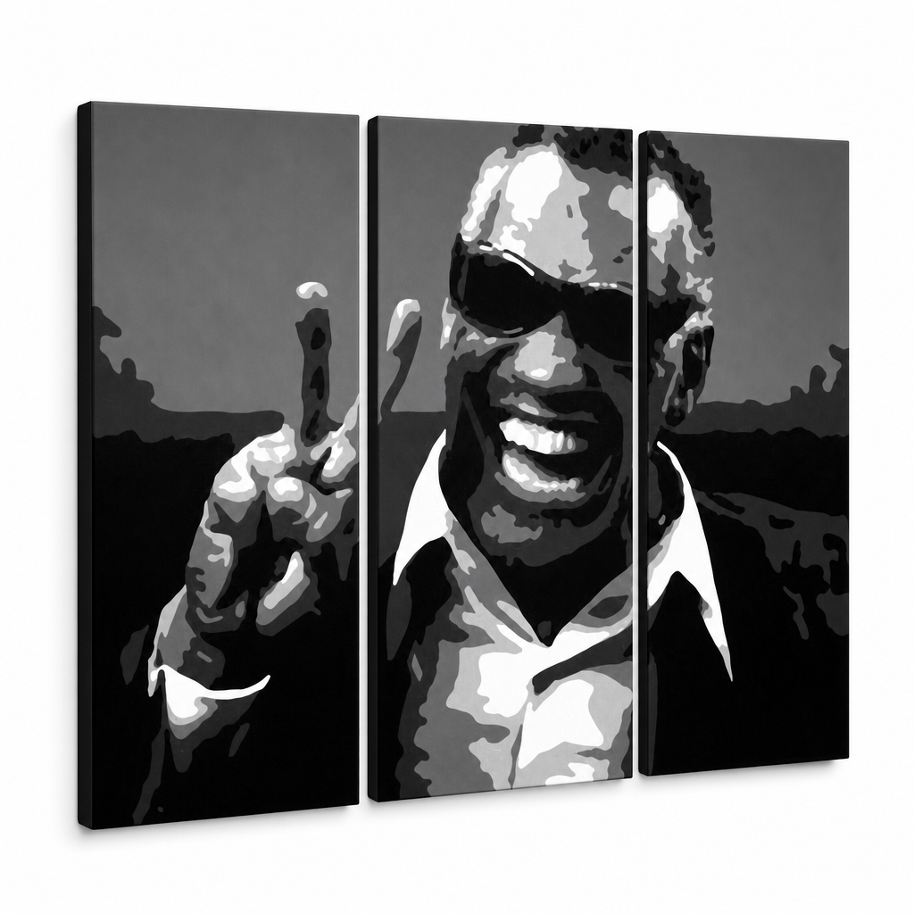Kézzel festett POP Art festmény Ray Charles 3 darab rc – 3D látvány a kézzel festett vászonról fehér háttéren. Domináns színek: fekete, fehér, szürke.