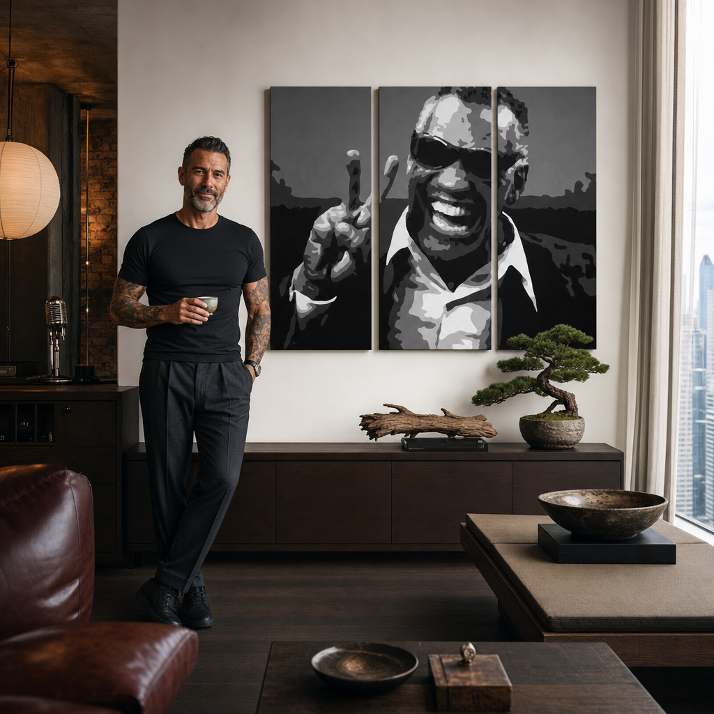 Kézzel festett POP Art festmény Ray Charles 3 darab rc – kép modern férfi belső térben, lifestyle vizualizáció. Domináns színek: fekete, fehér, szürke.