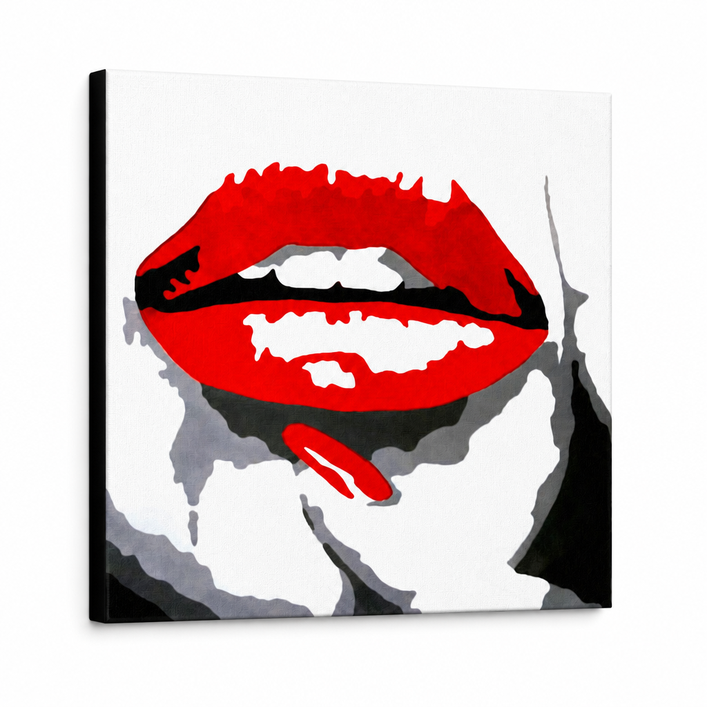 Kézzel festett POP Art festmény RED LIPS 1 darab mund – 3D látvány a kézzel festett vászonról fehér háttéren. Domináns színek: piros, fekete, fehér.