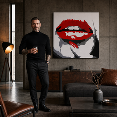 Kézzel festett POP Art festmény RED LIPS 1 darab mund – kép modern férfi belső térben, lifestyle vizualizáció. Domináns színek: piros, fekete, fehér.