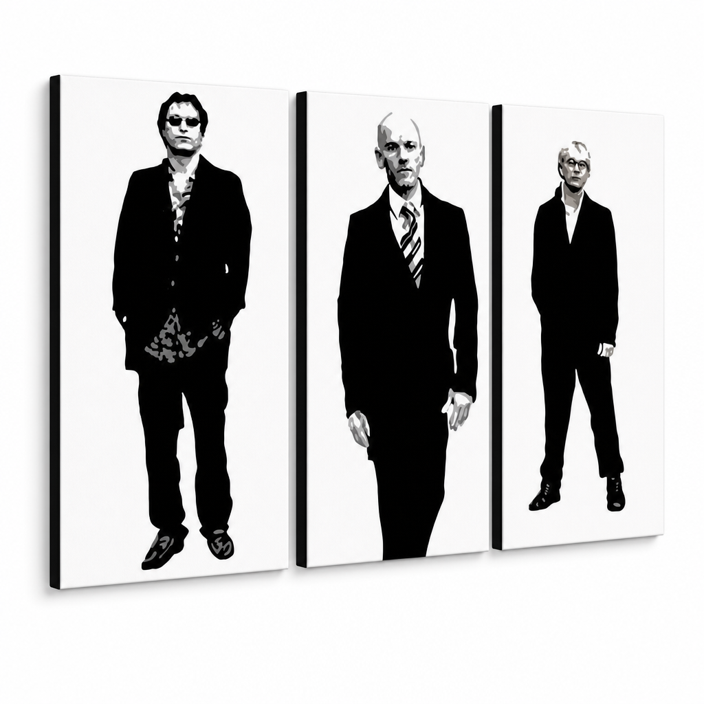 Kézzel festett POP Art festmény REM 3 db rem – 3D látvány a kézzel festett vászonról fehér háttéren. Domináns színek: fekete, fehér, szürke.