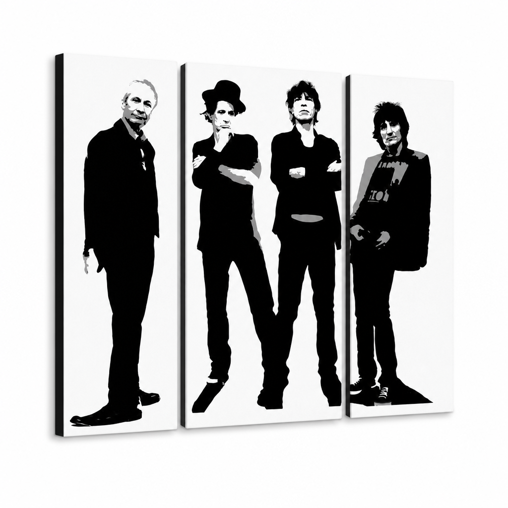 Kézzel festett POP Art festmény Rolling Stones 4 db rs – 3D látvány a kézzel festett vászonról fehér háttéren. Domináns színek: fekete, fehér, szürke.