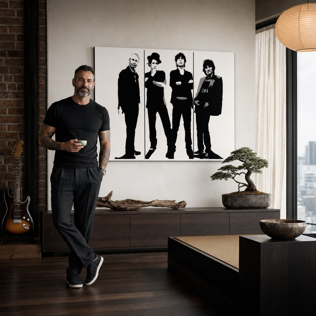 Kézzel festett POP Art festmény Rolling Stones 4 db rs – kép modern férfi belső térben, lifestyle vizualizáció. Domináns színek: fekete, fehér, szürke.