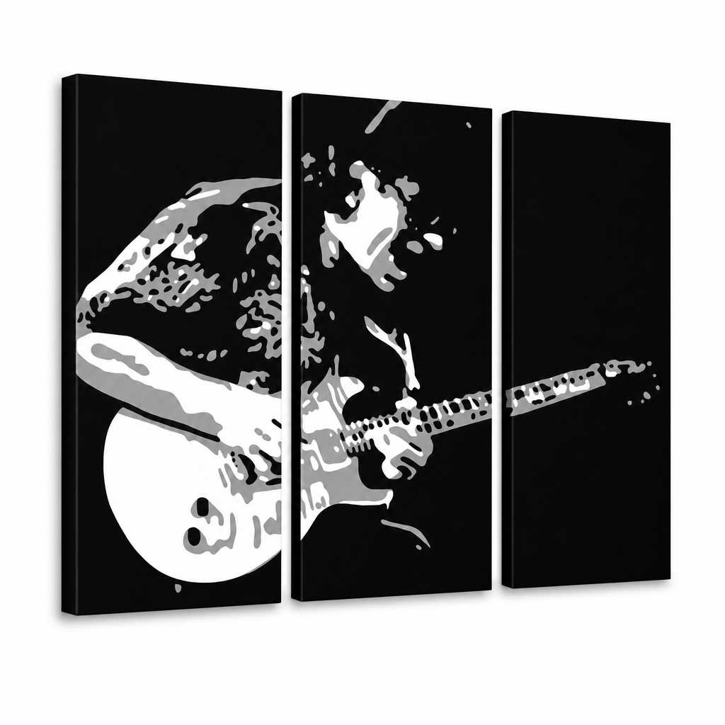 Kézzel festett POP Art festmény Santana 3 db san – 3D látvány a kézzel festett vászonról fehér háttéren. Domináns színek: fekete, fehér, szürke.