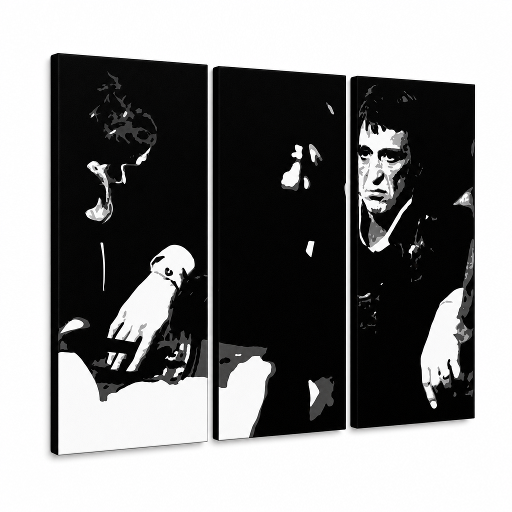 Kézzel festett POP Art festmény SCARFACE-AL PACINO 6 darab al5 – 3D látvány a kézzel festett vászonról fehér háttéren. Domináns színek: fekete, fehér.