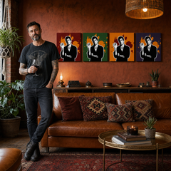 Kézzel festett POP Art festmény Sebhelyesarcú - AL PACINO 4 db 200x50cm al37 – kép modern férfi belső térben, lifestyle vizualizáció. Domináns színek: fekete, narancssárga, piros, zöld, lila.