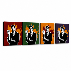 Kézzel festett POP Art festmény Sebhelyesarcú - AL PACINO 4 db 200x50cm al37 – 3D látvány a kézzel festett vászonról fehér háttéren. Domináns színek: fekete, narancssárga, piros, zöld, lila.