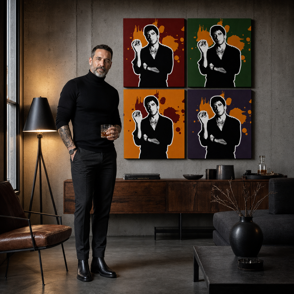 Kézzel festett POP Art festmény Sebhelyesarcú - AL PACINO 4 db al36 – kép modern férfi belső térben, lifestyle vizualizáció. Domináns színek: fekete, narancssárga, piros, zöld, lila.