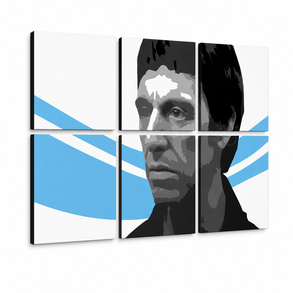 Kézzel festett POP Art festmény Sebhelyesarcú - AL PACINO 6 darab al40 – 3D látvány a kézzel festett vászonról fehér háttéren. Domináns színek: fekete, kék, fehér.