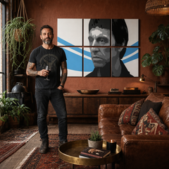 Kézzel festett POP Art festmény Sebhelyesarcú - AL PACINO 6 darab al40 – kép modern férfi belső térben, lifestyle vizualizáció. Domináns színek: fekete, kék, fehér.