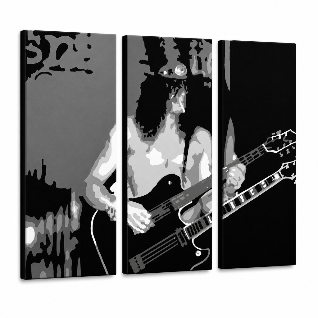 Kézzel festett POP Art festmény Slash 3 darab en – 3D látvány a kézzel festett vászonról fehér háttéren. Domináns színek: fekete, fehér, szürke.