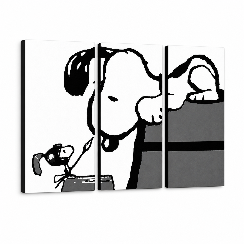 Kézzel festett POP Art festmény SNOOPY 3 rész snoopy3 – 3D látvány a kézzel festett vászonról fehér háttéren. Domináns színek: fekete, fehér, szürke.