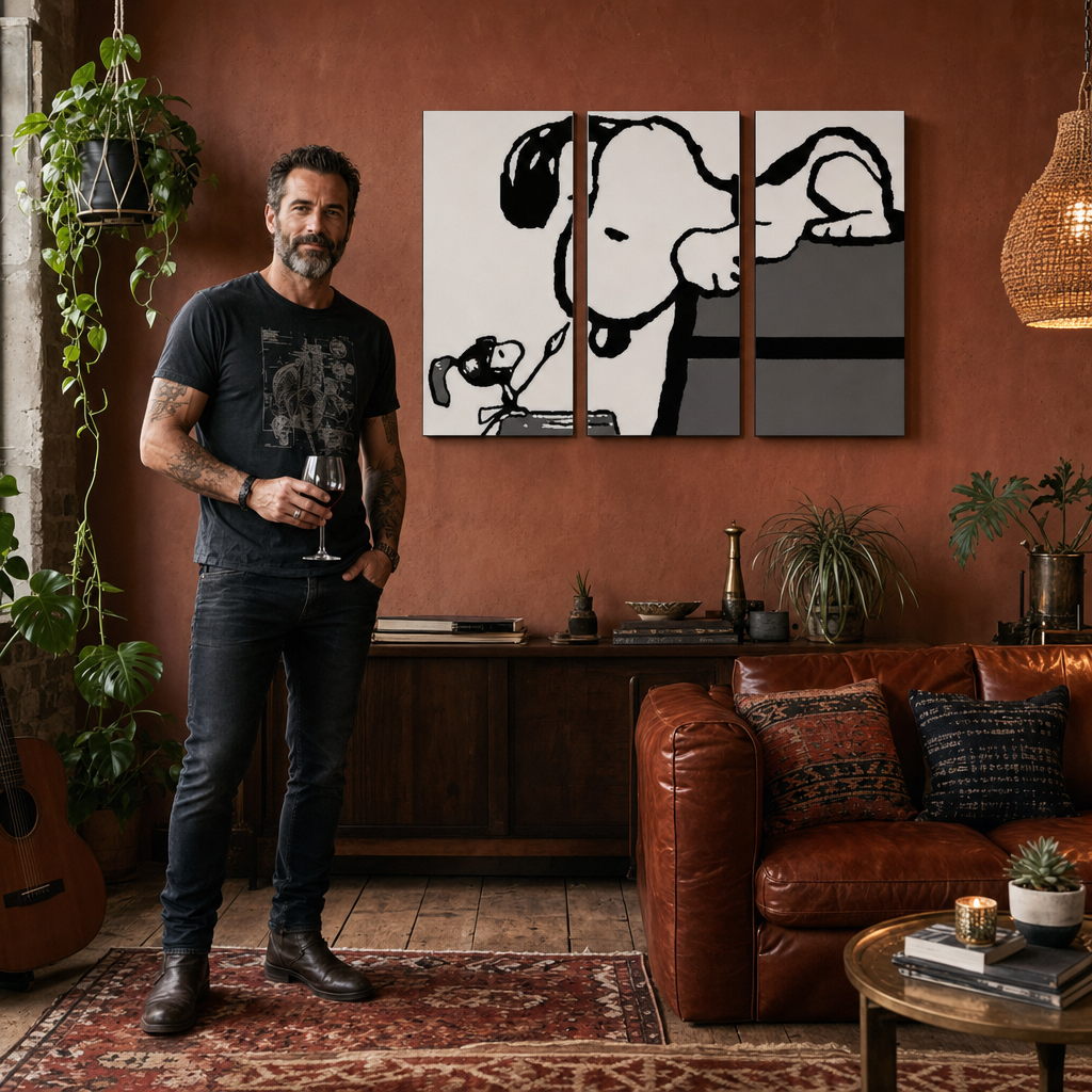 Kézzel festett POP Art festmény SNOOPY 3 rész snoopy3 – kép modern férfi belső térben, lifestyle vizualizáció. Domináns színek: fekete, fehér, szürke.