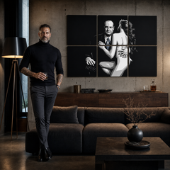 Kézzel festett POP Art festmény SOPRANOS 6 darab sop2 – kép modern férfi belső térben, lifestyle vizualizáció. Domináns színek: fekete, fehér, kék.