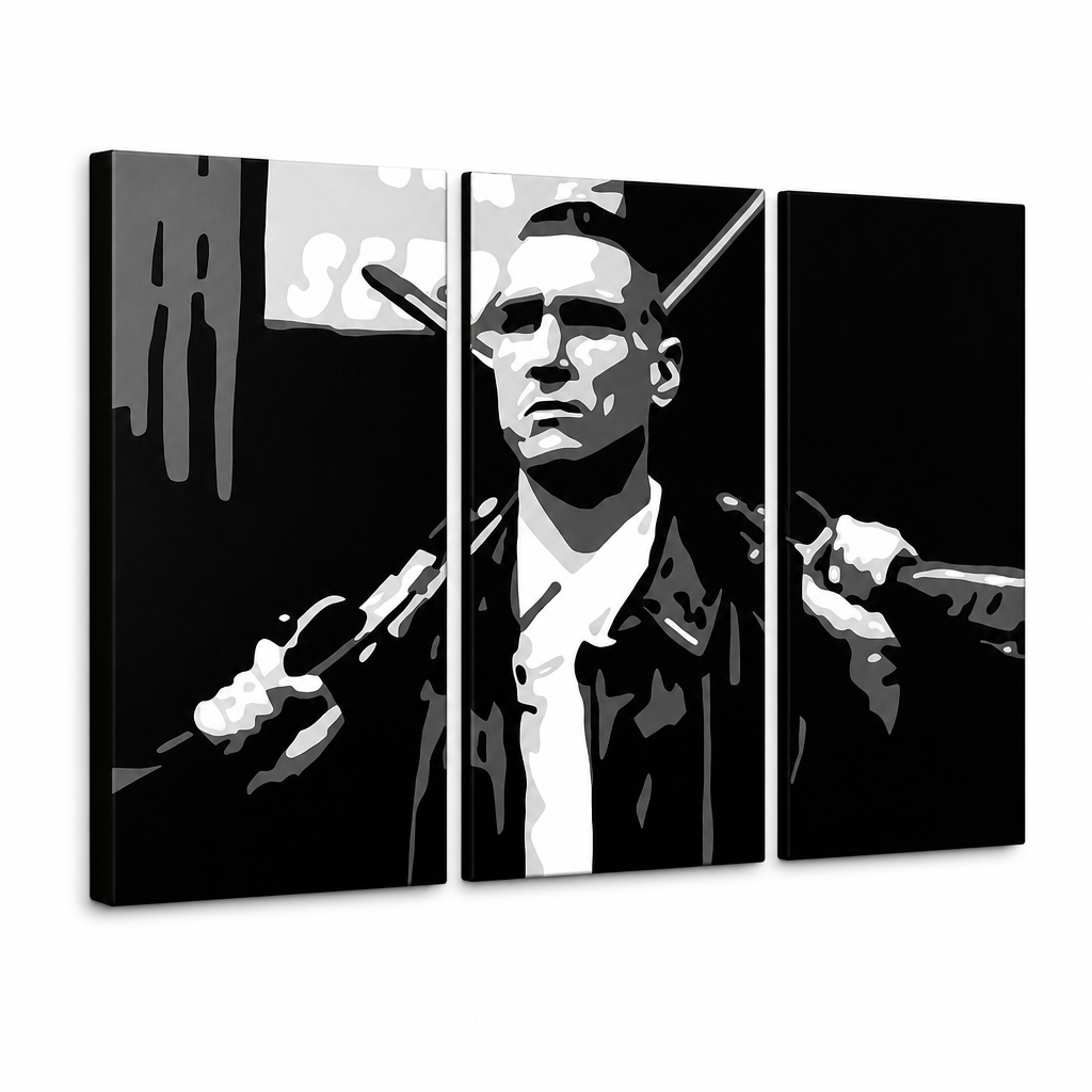 Kézzel festett POP Art festmény Stock Lock 3 Piece Sto – 3D látvány a kézzel festett vászonról fehér háttéren. Domináns színek: fekete, fehér, szürke.
