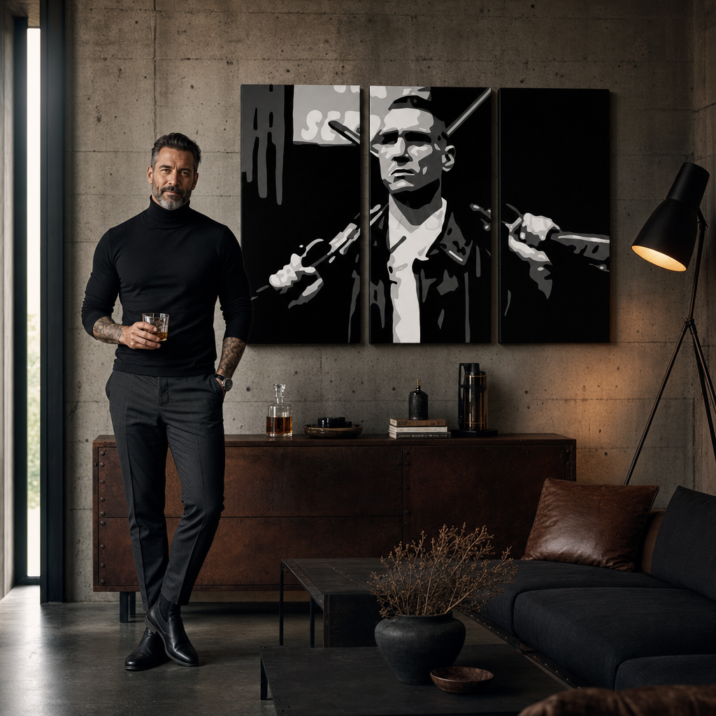 Kézzel festett POP Art festmény Stock Lock 3 Piece Sto – kép modern férfi belső térben, lifestyle vizualizáció. Domináns színek: fekete, fehér, szürke.
