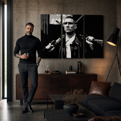 Kézzel festett POP Art festmény Stock Lock 3 Piece Sto – kép modern férfi belső térben, lifestyle vizualizáció. Domináns színek: fekete, fehér, szürke.