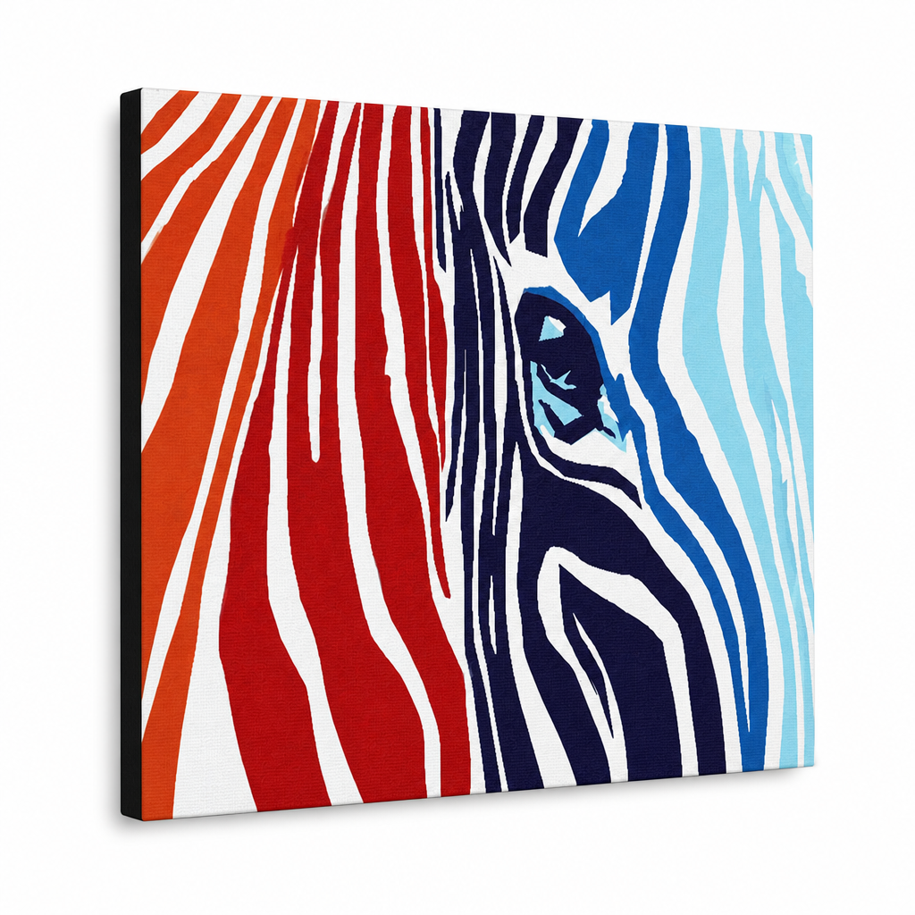 Kézzel festett POP Art festmény SZÍNEK 1 db zebra – 3D látvány a kézzel festett vászonról fehér háttéren. Domináns színek: piros, oranzová, kék, fehér, fekete.
