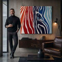 Kézzel festett POP Art festmény SZÍNEK 1 db zebra – kép modern férfi belső térben, lifestyle vizualizáció. Domináns színek: piros, oranzová, kék, fehér, fekete.