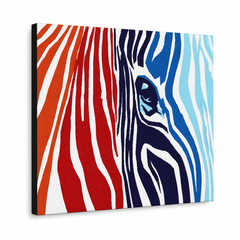 Kézzel festett POP Art festmény SZÍNEK 1 db zebra – 3D látvány a kézzel festett vászonról fehér háttéren. Domináns színek: piros, oranzová, kék, fehér, fekete.