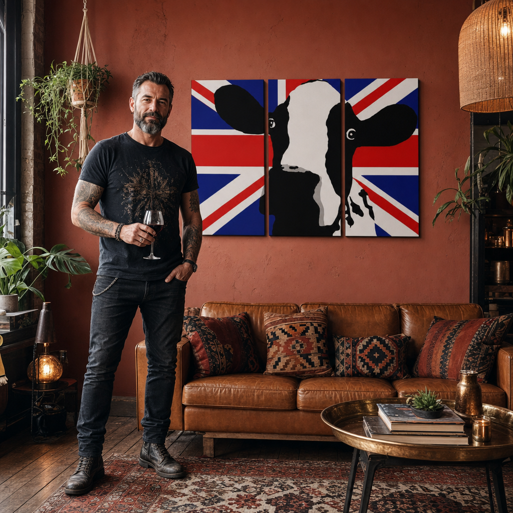 Kézzel festett POP Art festmény Tehén 3 db tehén2 – kép modern férfi belső térben, lifestyle vizualizáció. Domináns színek: fekete, fehér, piros, kék, sárga.
