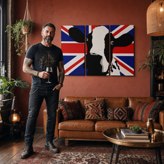 Kézzel festett POP Art festmény Tehén 3 db tehén2 – kép modern férfi belső térben, lifestyle vizualizáció. Domináns színek: fekete, fehér, piros, kék, sárga.