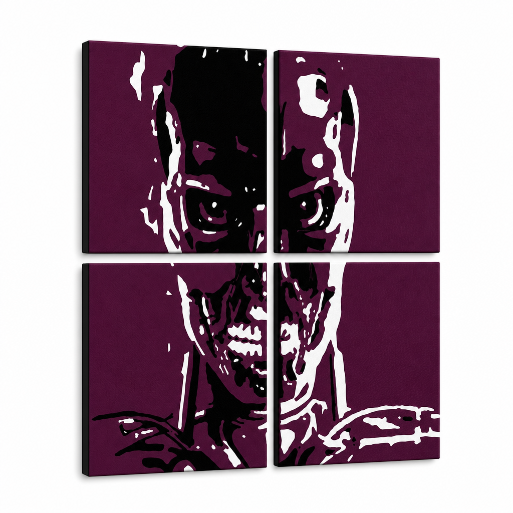Kézzel festett POP Art festmény TERMINATOR 4 darabos ter – 3D látvány a kézzel festett vászonról fehér háttéren. Domináns színek: fekete, fehér, lila.