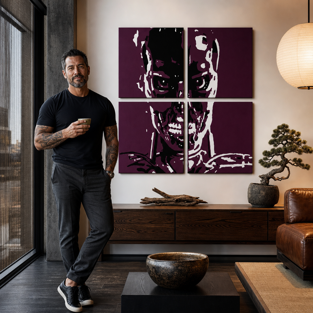 Kézzel festett POP Art festmény TERMINATOR 4 darabos ter – kép modern férfi belső térben, lifestyle vizualizáció. Domináns színek: fekete, fehér, lila.