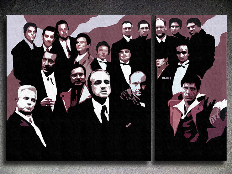 Pop art vászonkép motívummal: The MAFIA Family, autó fehér-fekete árnyalatokban, drámai hangulat, család és erő és hatalom, alkalmas a nappali számára – fő