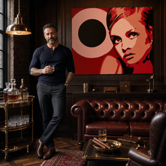 Kézzel festett POP Art festmény Twigy 1 db 0001 tw – kép modern férfi belső térben, lifestyle vizualizáció. Domináns színek: piros, rózsaszín, fekete, bézs, narancssárga.