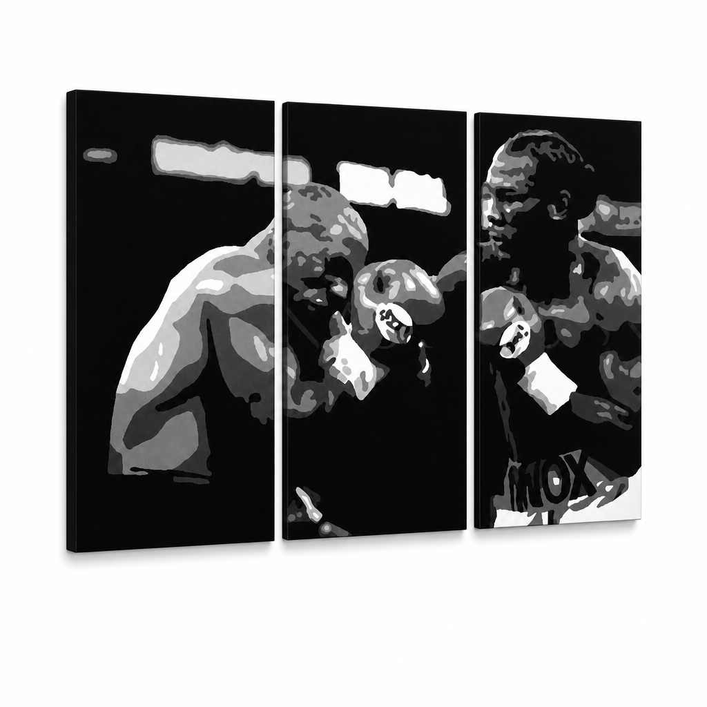 Kézzel festett POP Art festmény Tyson vs. Lewis 3 darabos dobozban – 3D látvány a kézzel festett vászonról fehér háttéren. Domináns színek: fekete, fehér, szürke.