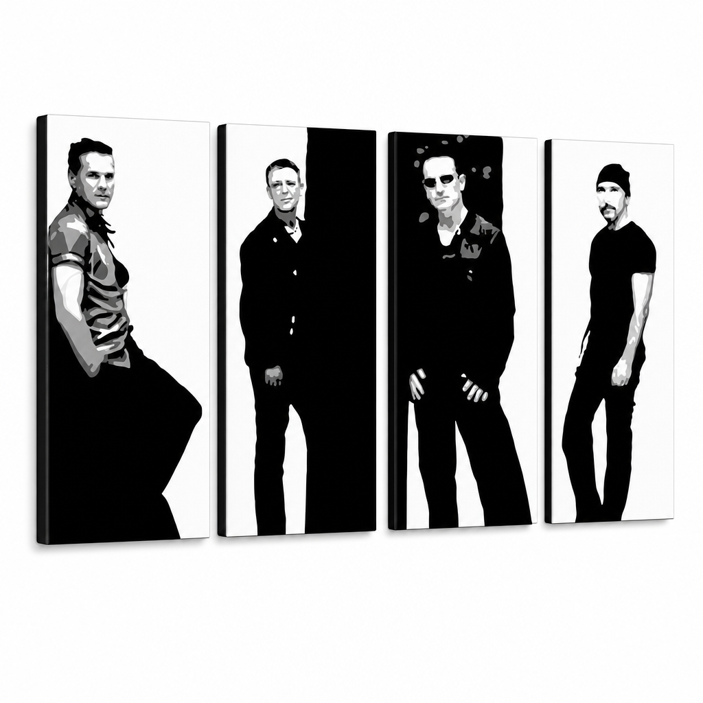 Kézzel festett POP Art festmény U2 fekete színben 4 db U2 – 3D látvány a kézzel festett vászonról fehér háttéren. Domináns színek: fekete, fehér, szürke.