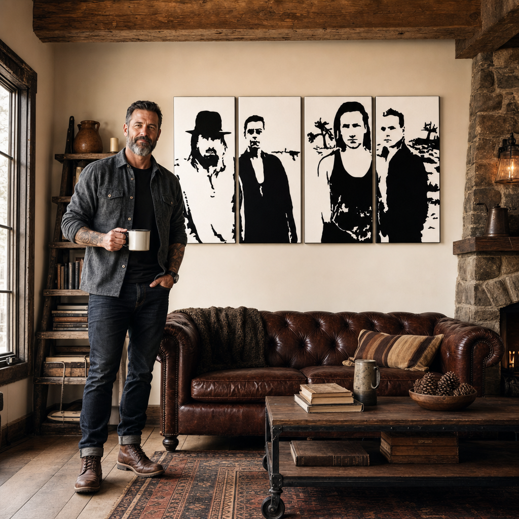 Kézzel festett POP Art festmény U2 fekete színben 4 db U22 – kép modern férfi belső térben, lifestyle vizualizáció. Domináns színek: fekete, fehér.