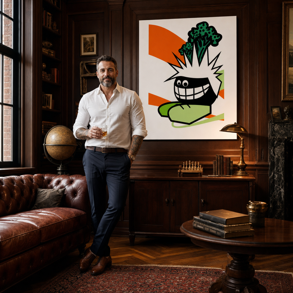 Kézzel festett POP Art festmény Vicces 1 darab vicces – kép modern férfi belső térben, lifestyle vizualizáció. Domináns színek: narancssárga, fekete, zöld.