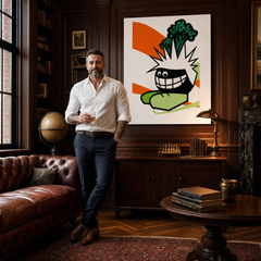 Kézzel festett POP Art festmény Vicces 1 darab vicces – kép modern férfi belső térben, lifestyle vizualizáció. Domináns színek: narancssárga, fekete, zöld.