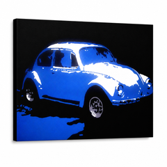 Kézzel festett POP Art festmény Volkswagen Bogár 1 rész k – 3D látvány a kézzel festett vászonról fehér háttéren. Domináns színek: kék, fehér, fekete.