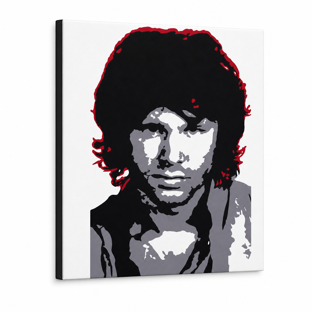 Kézzel festett POP Art Jim Morrison 1 darab jm – 3D látvány a kézzel festett vászonról fehér háttéren. Domináns színek: fekete, fehér, szürke, piros.