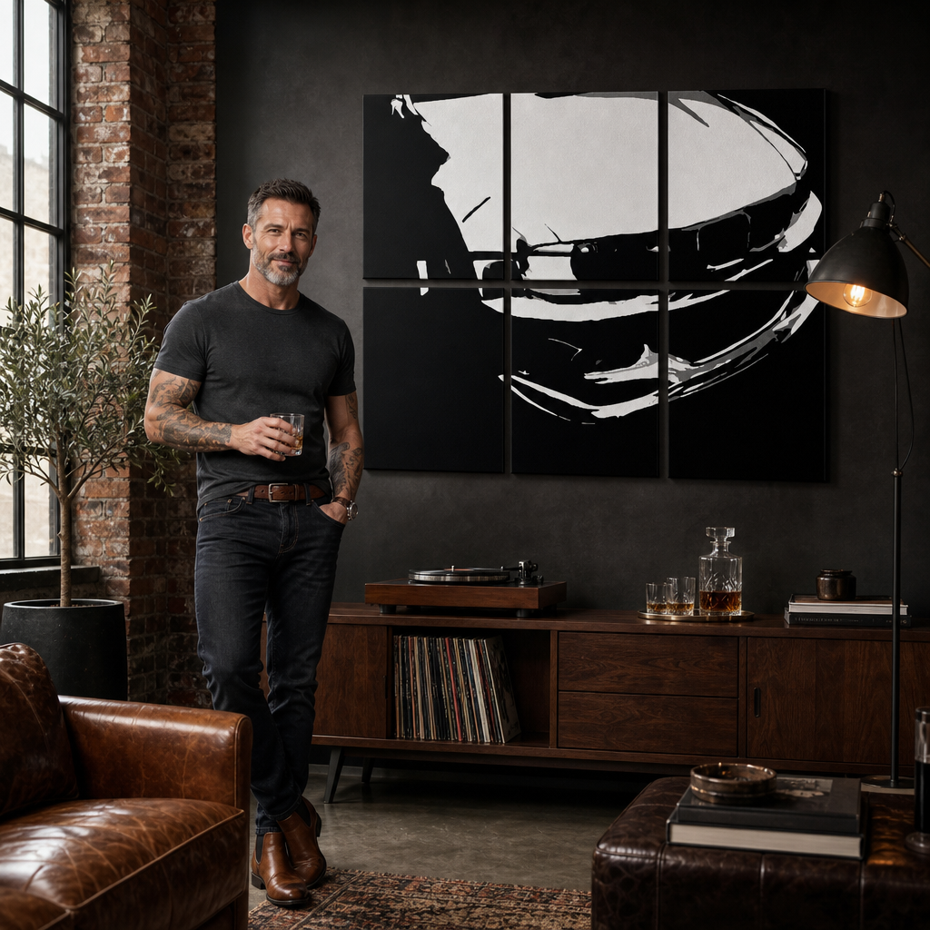 Kézzel festett POP Art kép a BMW M3 3 darab bmw-ról – kép modern férfi belső térben, lifestyle vizualizáció. Domináns színek: fekete, fehér.