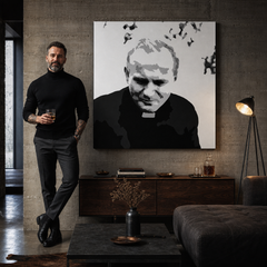 Kézzel festett POP Art kép II János Pálról. 1 rész jp – kép modern férfi belső térben, lifestyle vizualizáció. Domináns színek: fekete, fehér, szürke.
