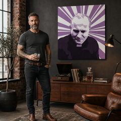 Kézzel festett POP Art kép II János Pálról. 1 rész jp2 – kép modern férfi belső térben, lifestyle vizualizáció. Domináns színek: lila, fekete, fehér.