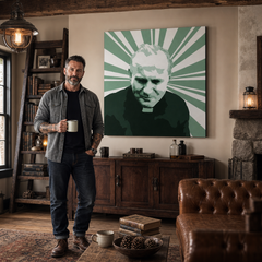 Kézzel festett POP Art kép II János Pálról. 1 rész jp3 – kép modern férfi belső térben, lifestyle vizualizáció. Domináns színek: zöld, fehér, fekete.