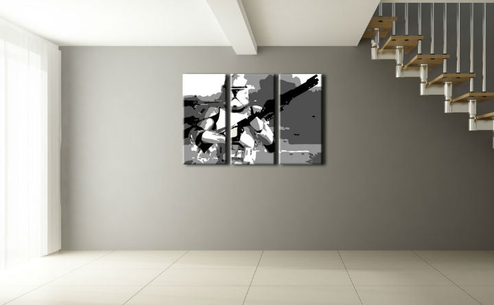 Pop art vászonkép motívummal: STAR WARS, természet szürke árnyalatokban felakasztva az enteriőrben nappali számára, nosztalgia | Kézzel festett POP Art kép STAR WARS – enteriőr