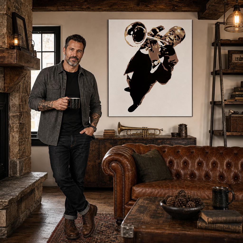 Kézzel festett POP Art Luis Armstrong 1 db la – kép modern férfi belső térben, lifestyle vizualizáció. Domináns színek: barna, sárga, fekete.